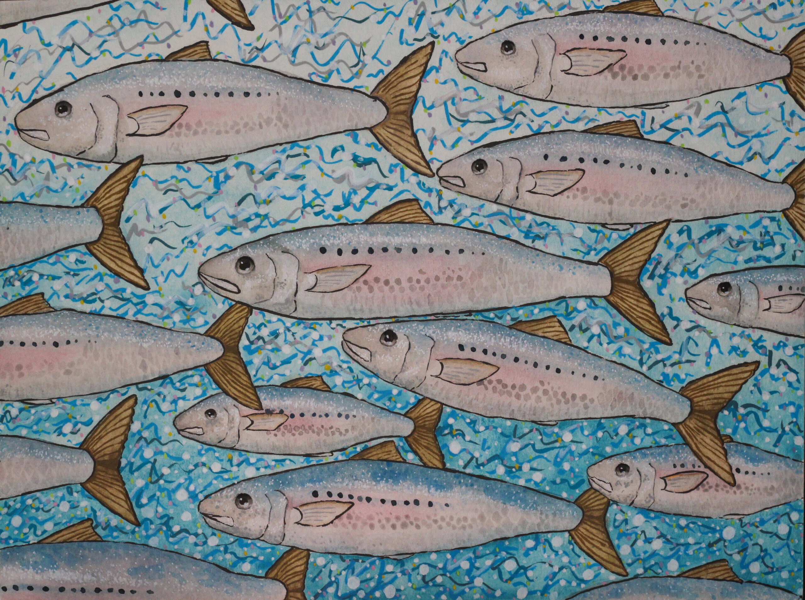 A painted image by LivInSeas of a school of sardines. The background is a blue-teal gradient, featuring blue squiggles, large white spots, and smaller, colored dots. The sardines have brown fins and greyish bodies. The tops of their bodies are blue, with white dots forming a shine effect. The mid-body is pink, which transitions to a grey belly. The sardines have black dots running down their body above the pink. The bottom of the fish have slightly darker stripes and dots, which resemble scales. The sardines have dark, shiny eyes.