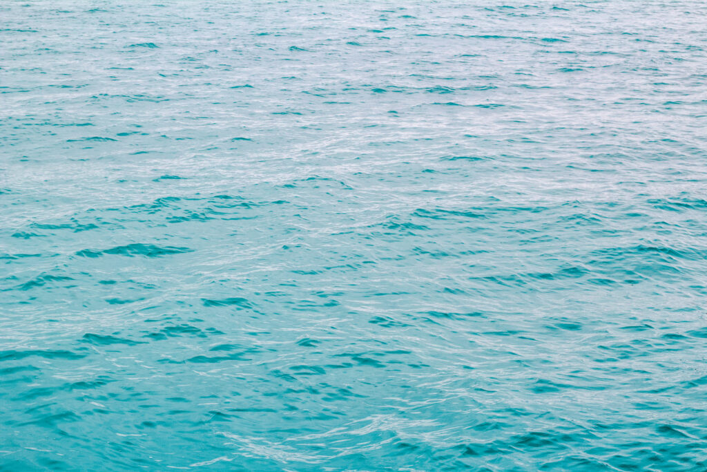 An image of light blue ocean water captured from a boat (not visible). The water fills the frame entirely. The water was so light in color due to silt from the glacier. This image was captured in a fjord near Nuuk, Greenland, where a land-terminating glacier carried high amounts of sediment into the water.