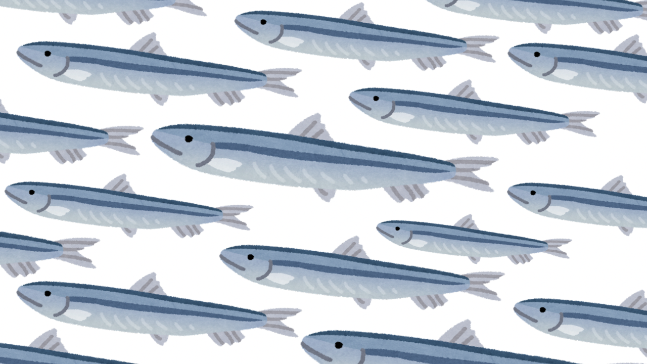 This image features many clip art sardines (taken from Canva) arranged as if they're swimming in a school. The background is white, and all the little sardines are pointed up and to the left. The sardines are simple in design. They are colored blueish grey, with cartoon-like dot eyes and little smiles on their faces.