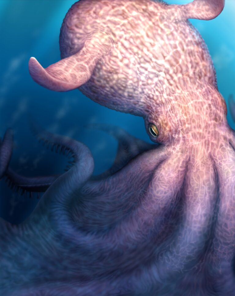 An illustration of the giant, cretaceous octopus. The octopus's skin is somewhat purple, and it has a large, wrinkled mantle with two fins curling off the side like floppy rabbit ears. The ocean is dark blue, and the squids tentacles arch to the left side of the screen, curling up slightly.