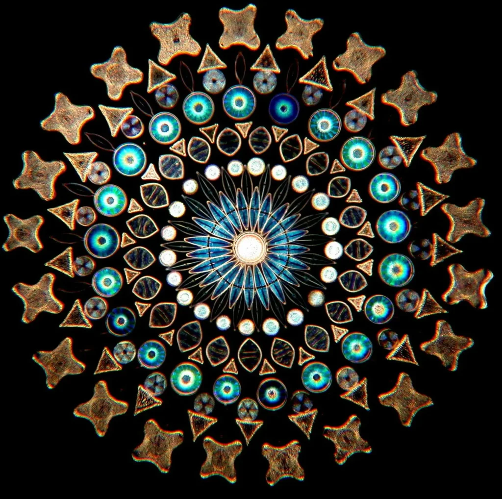 This image features a geometric arrangement of diatoms shells in a circular design. Each ring is uniformly composed of a specific shape and color of diatom. These images were constructed and captured under a microscope. The outer ring is made up of tan/yellow diatoms shaped like plus signs. The next ring is triangular diatom shells that are the same tan/yellow color. Then, there are small spheres set directly under the base of each triangle, with a dove-grey coloration. The next ring is made of round, blue diatoms. The following ring is comprised of oval-shaped, black diatoms with gold rings, with small tan/yellow triangles inset in between the tops of each diatom shell. The next ring on the inside is small, white diatoms set at the base of each oval. Then, the interior ring is made up of long, thin oval-shaped diatom shells, which are a deep blue in color, and arranged around a centerpoint which is a large, round, white diatom shell.