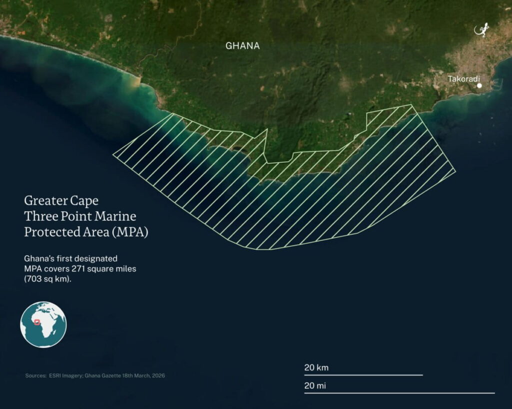 A map of the new Ghanian MPA, overlaid over a satellite image. The MPA is represented by a zone notated with hatched lines throughout, wrapping around a curving coastline. Text reads "Greater Cape Three Point Marine Protected Area (MPA). Ghana's first designated MPA covers 271 square miles (703 square kilometers)."