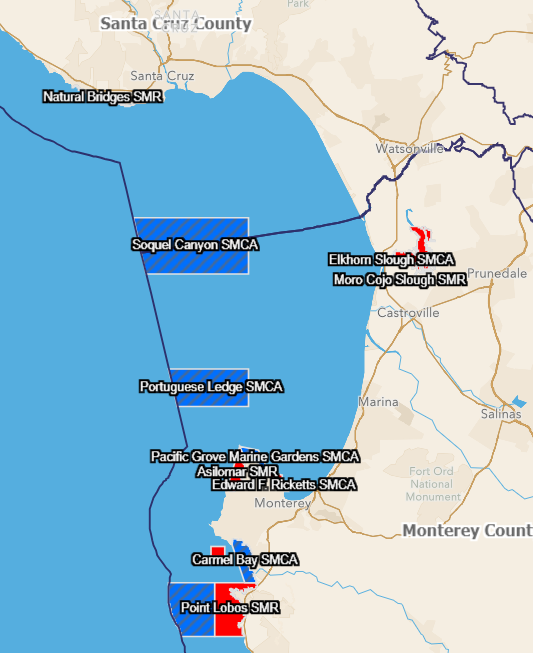 A map of the Monterey Bay noting the various Marine Protected Areas in the region. These include the Elkhorn Slough SMCA, Soquel Canyon SMCA, Pacific Grove Marine Gardens SMCA, Point Lobos SMR, and Carmel Bay SMCA. Marine Protected areas are noted by hashed blue or solid red notations.