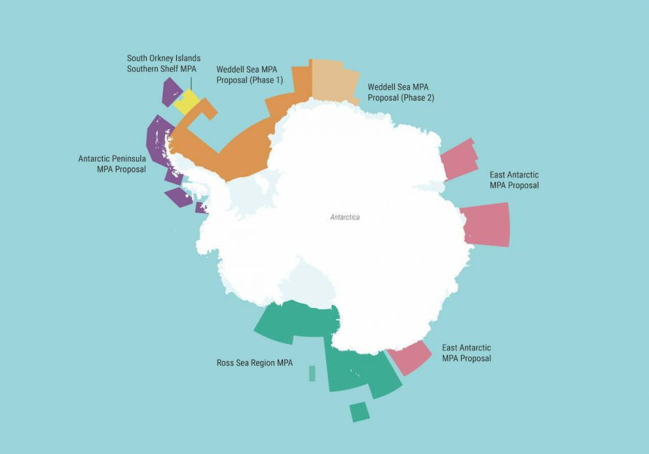 Proposed and existing MPAs surrounding Antarctica. Several colorful boxes sit on the borders of the Antarctic continent. Existing MPAs include the South Orkney Islands Southern Shelf MPA and the Ross Sea Region MPA. Proposed MPAs include the Antarctic Peninsula MPA, the WEddell Sea MPA, and the East Antarctic MPA.