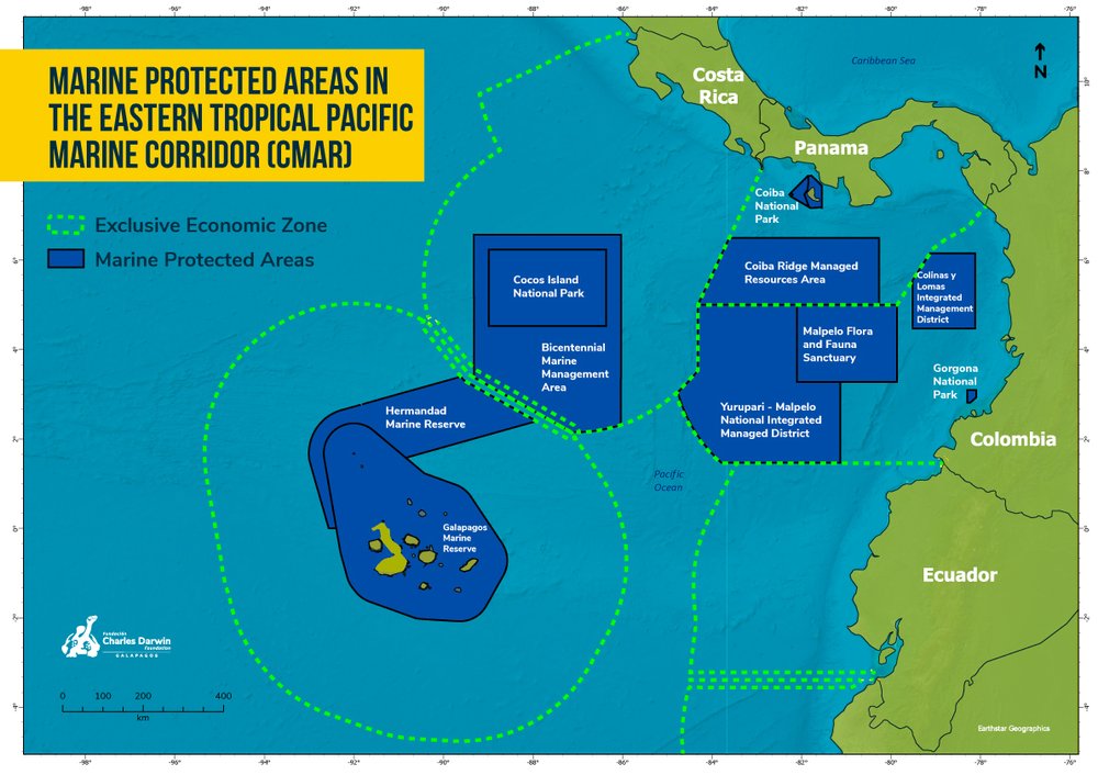 Marine Protected areas in the CMAR region. MPAs in Ecuador's exclusive economic zone include the Galapagos Marine Resserve and Hermandad Marine Reserve. MPAs in Costa Rican waters include Cocos Island National Park, and the Bicentennial Marine Management Area. Within Panama's waters are Coiba National Park and Coiba Ridge Managed Resources Area. MPAs located in Colombia's EEZ are Colinas y Lomas Integrated Management District, Gorgona National Park, Malpelo Flora and Fauna Sanctuary, and Yurupari - Malpelo National Integrated Managed District.