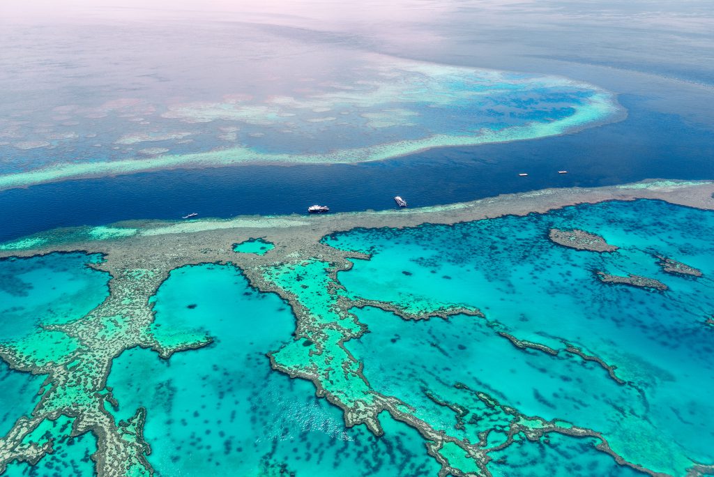An aerial photo of the great barrier reef. The sea features a deep channel running through the middle with several boats, with shallow reef regions on either side of the channel. The channel is a deep blue, and the shallow reefs are turquoise. Parts of the reef appear to break the surface of the water, appearing more brownish in color.